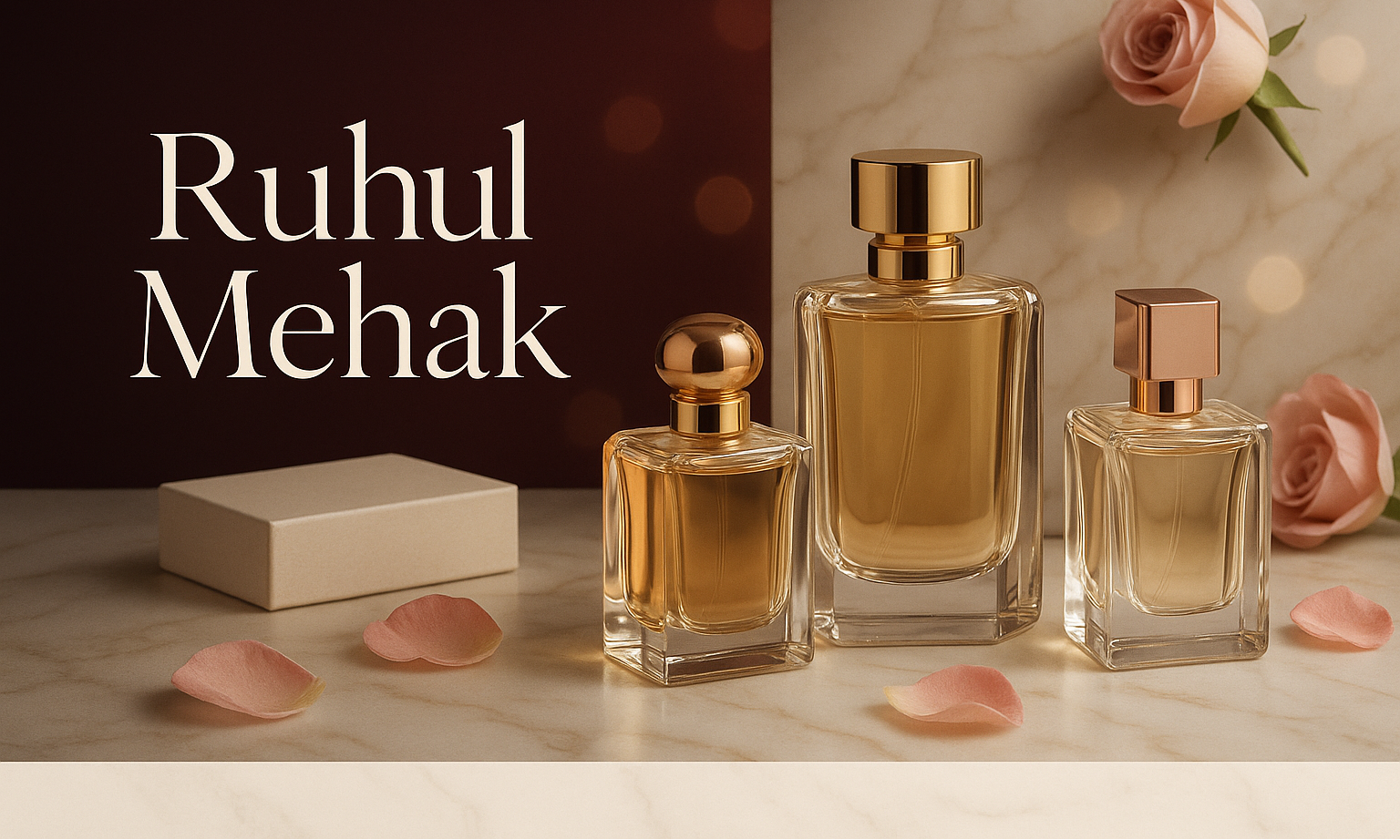 gererate an elegent and atractive image about ruhulmehak  perfume website